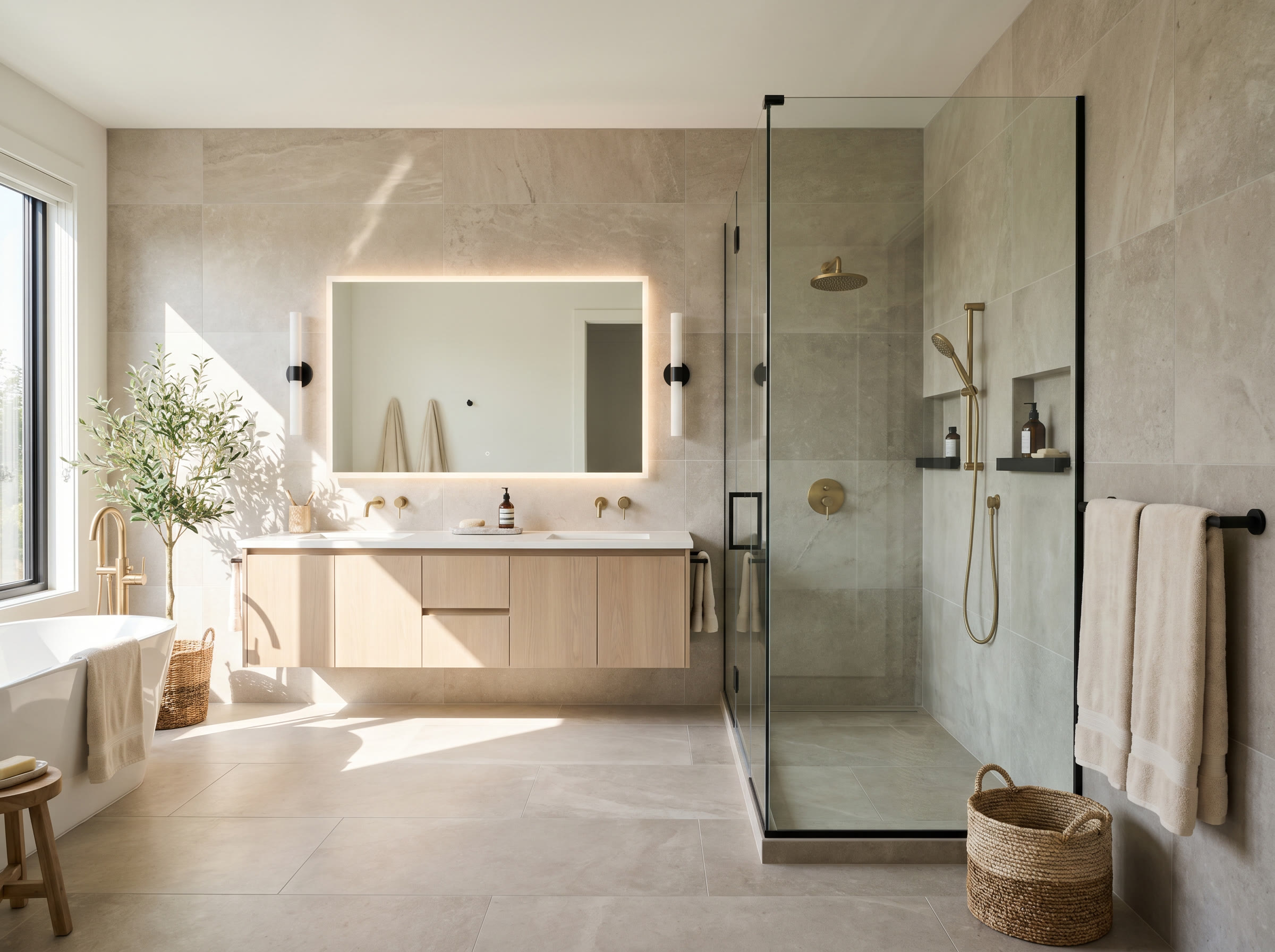 Photoreal magazine-style modern primary bathroom renovation concept with stone tile and glass shower