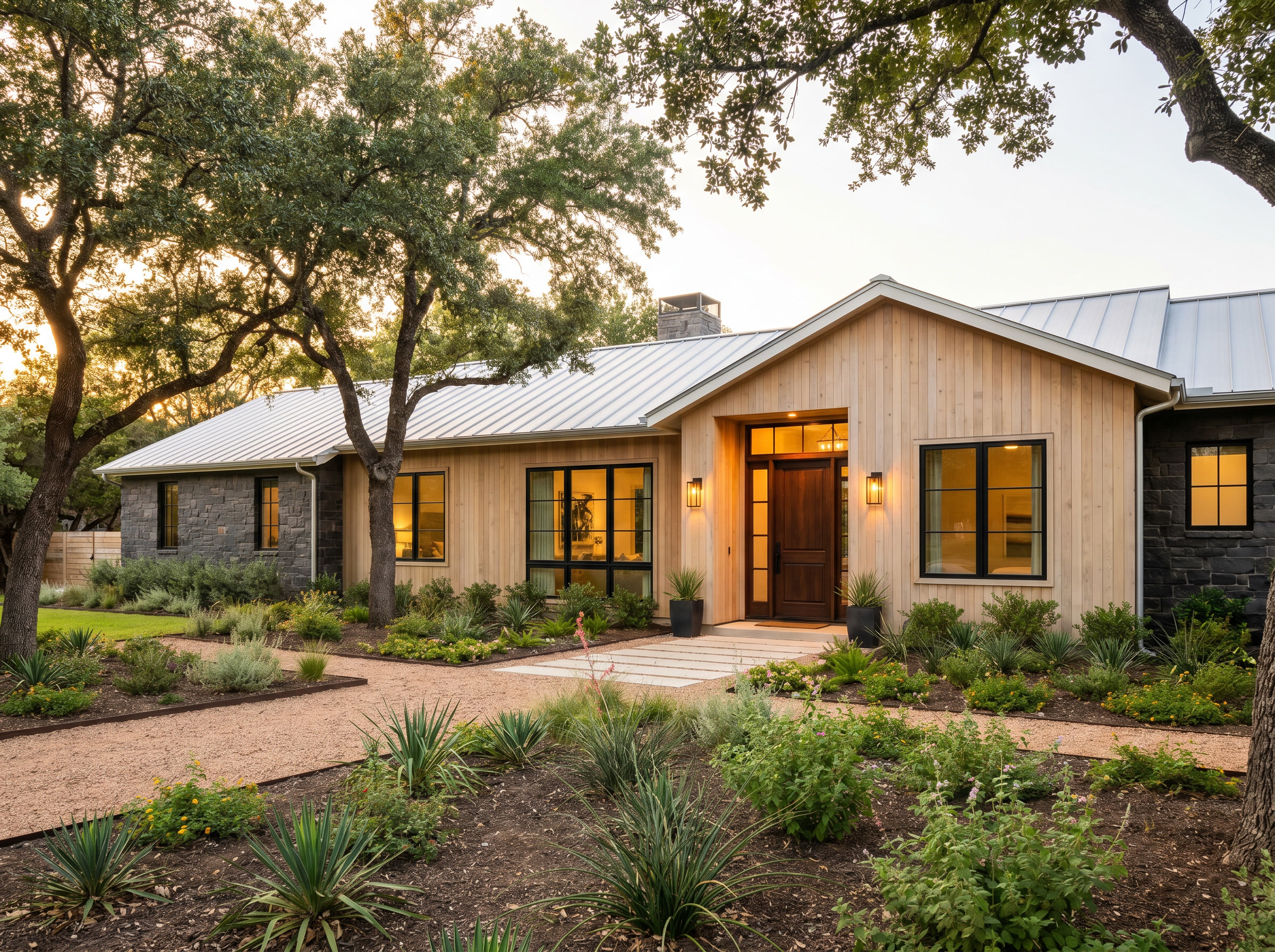 Photoreal magazine-style modern DFW home exterior renovation concept with upgraded curb appeal