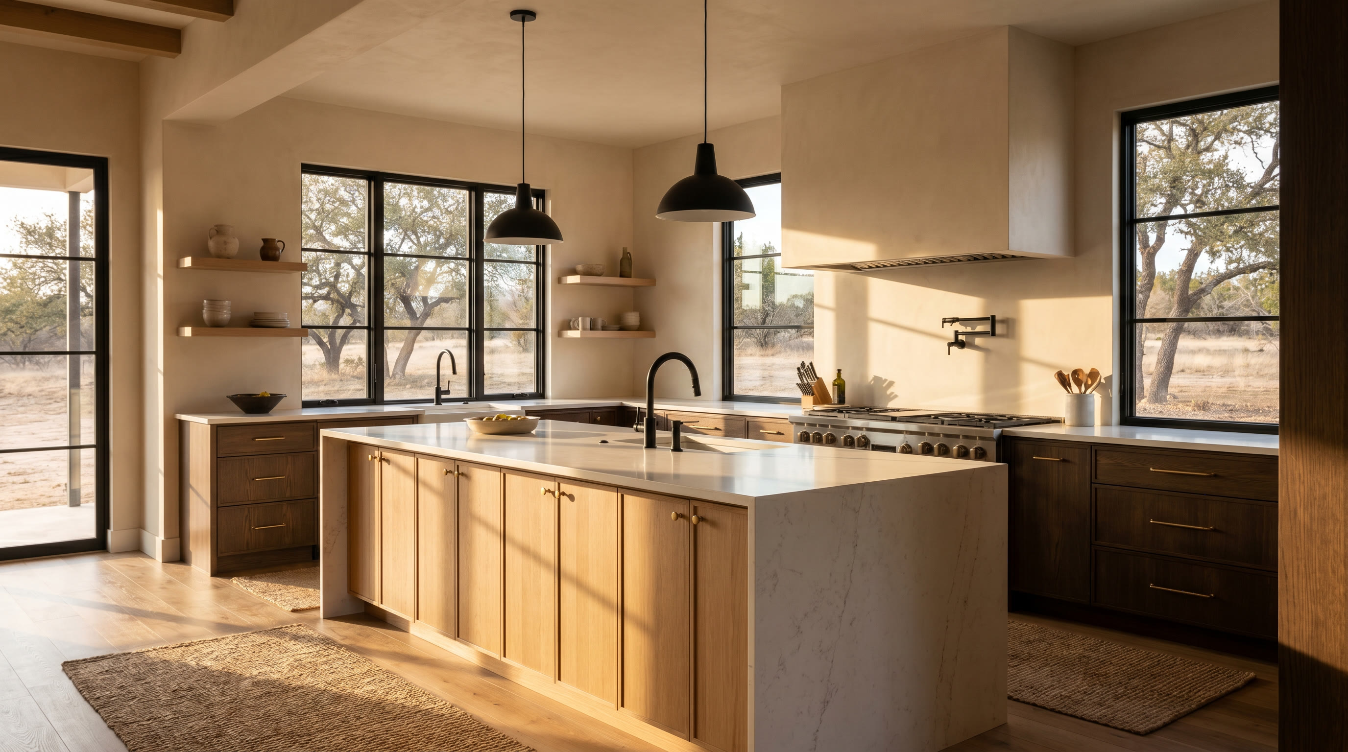 Photoreal magazine-style modern kitchen renovation concept with warm oak cabinets and quartz island