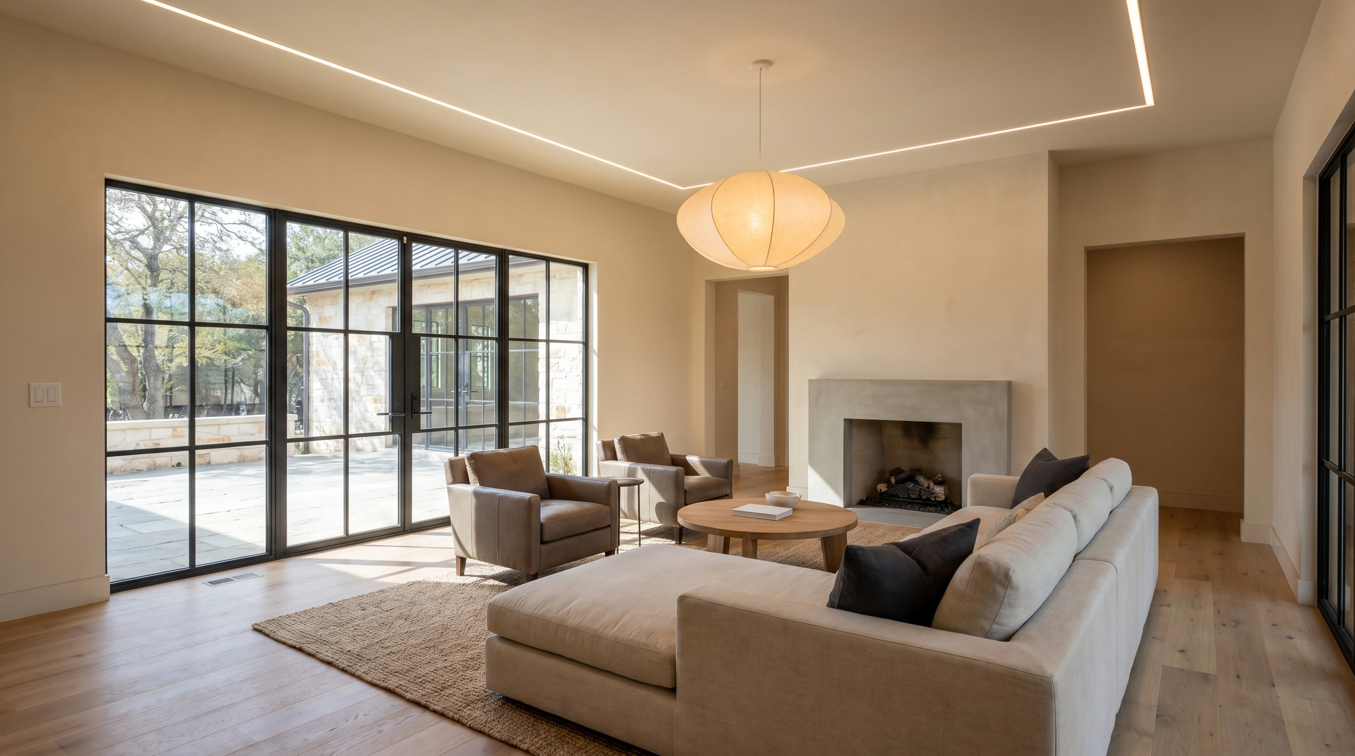 Photoreal magazine-style modern living room renovation concept with open layout and warm natural light